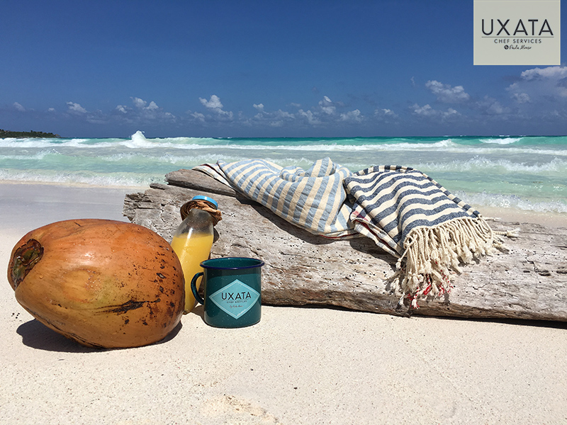 Un coco, una botella de jugo de naranja, un jarro de UXATA Servicios de Chef Privado, un tronco encayado, el cielo y el mar turquesa de la playa en Xpu Ha, Riviera Maya, México.