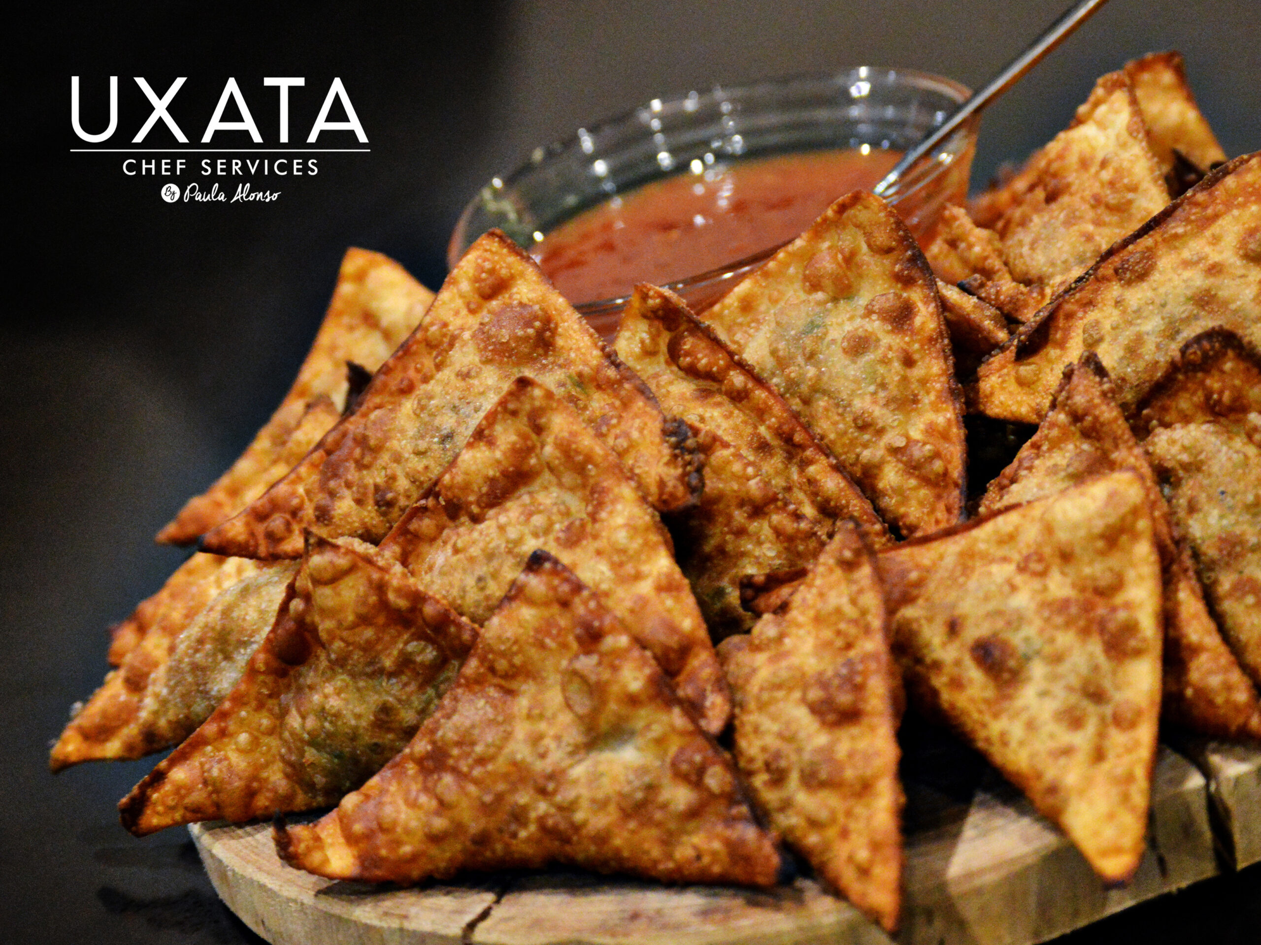 Fusion appetizers and fried dumplings served by a Chef at home for a private party in Playa del Carmen.