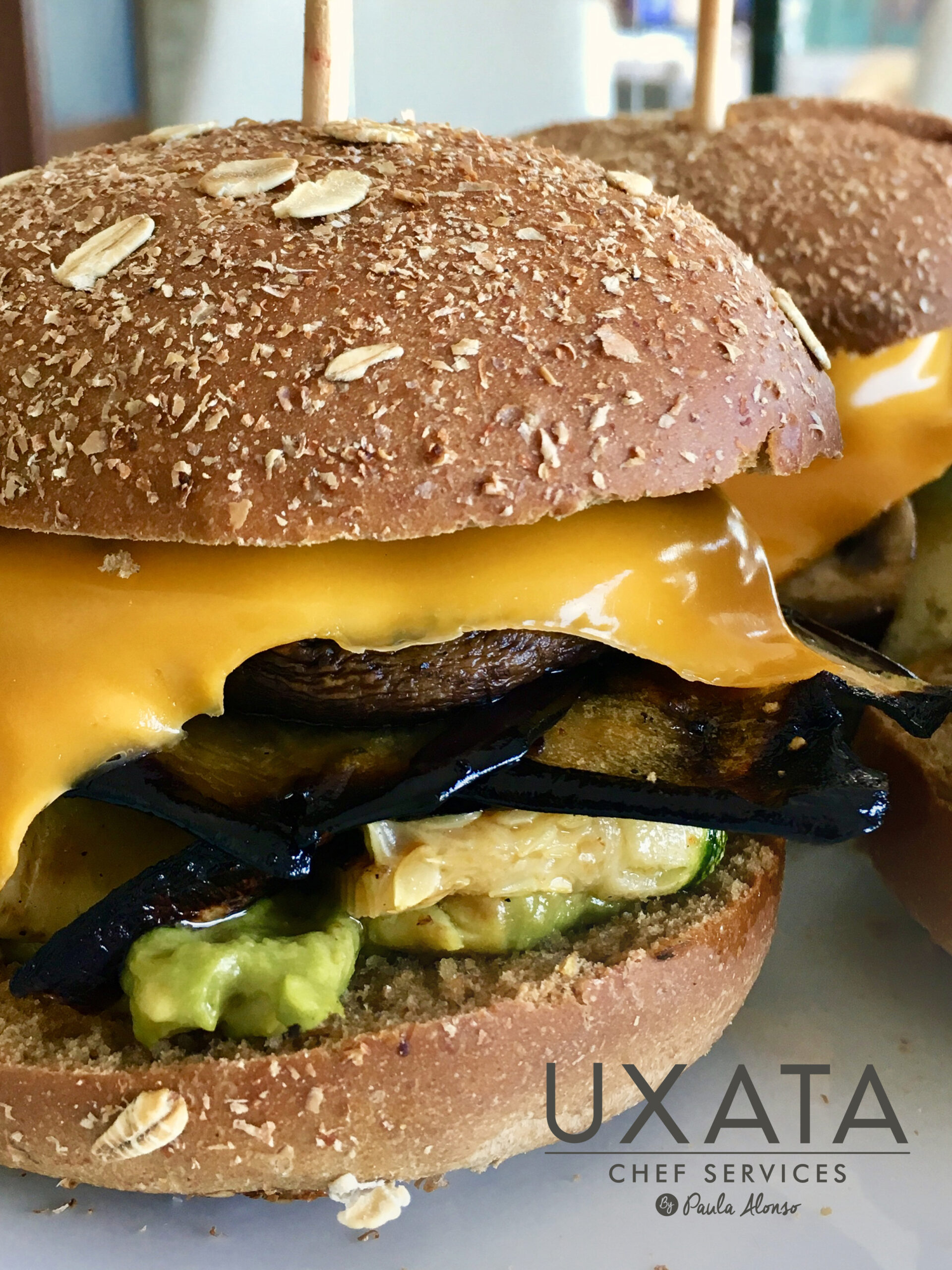 Healthy veggie burgers with avocado and whole grain bread prepared by a personal Chef at home in Tulum.